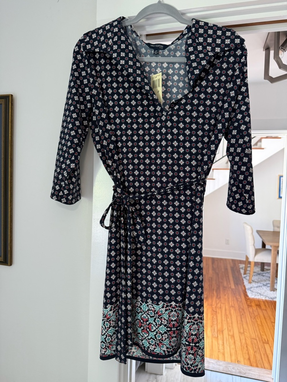 Max Edition Navy Floral Border Tie-Waist Wrap Dress NWT